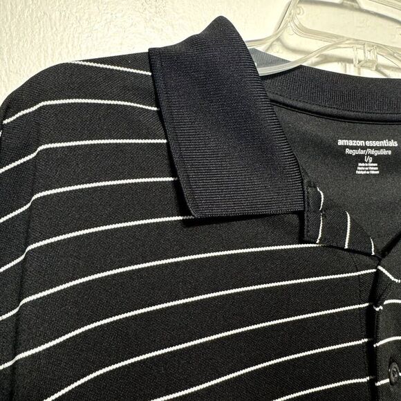 Amazon Essentials Polo Shirt Black White Short Sleeve Collared Men Reg sz Large - Picture 2 of 6